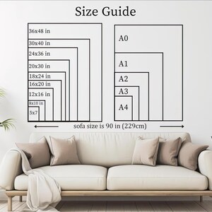 The image is a wall art depicting a sofa size guide, with a sofa size of 90 in (229cm) and a series of sofa sizes ranging from A0 to A4.
