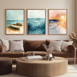 Set di 3 decorazioni murali con barche da spiaggia, decorazioni con tramonto sull'oceano costiero, decorazioni murali con paesaggi marini per soggiorno o casa sulla spiaggia