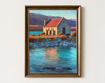 Lake Tekapo Church Painting: New Zealand Landscape Art Print