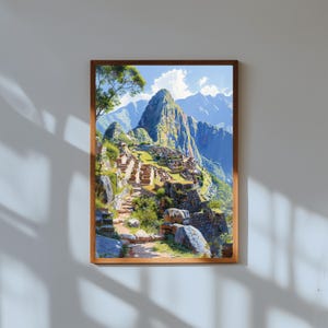 Pintura en acuarela de Machu Picchu, Perú / Impresión artística mural de la antigua ciudad inca / Póster de viaje con paisaje de montaña