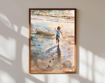Childhood Beach Watercolor Print: Nostalgic Coastal Art