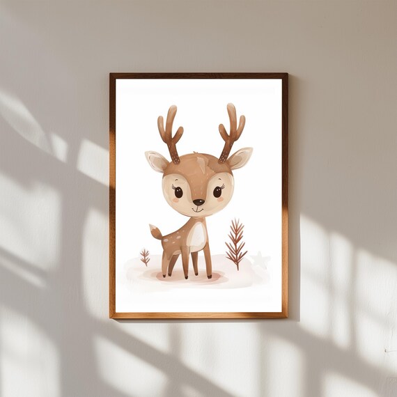 Sweet Baby Deer Watercolor Wall Art | Woodland Nursery Animal Print | Forest Fawn Baby Room Decor | Gender Neutral Baby Shower Gift