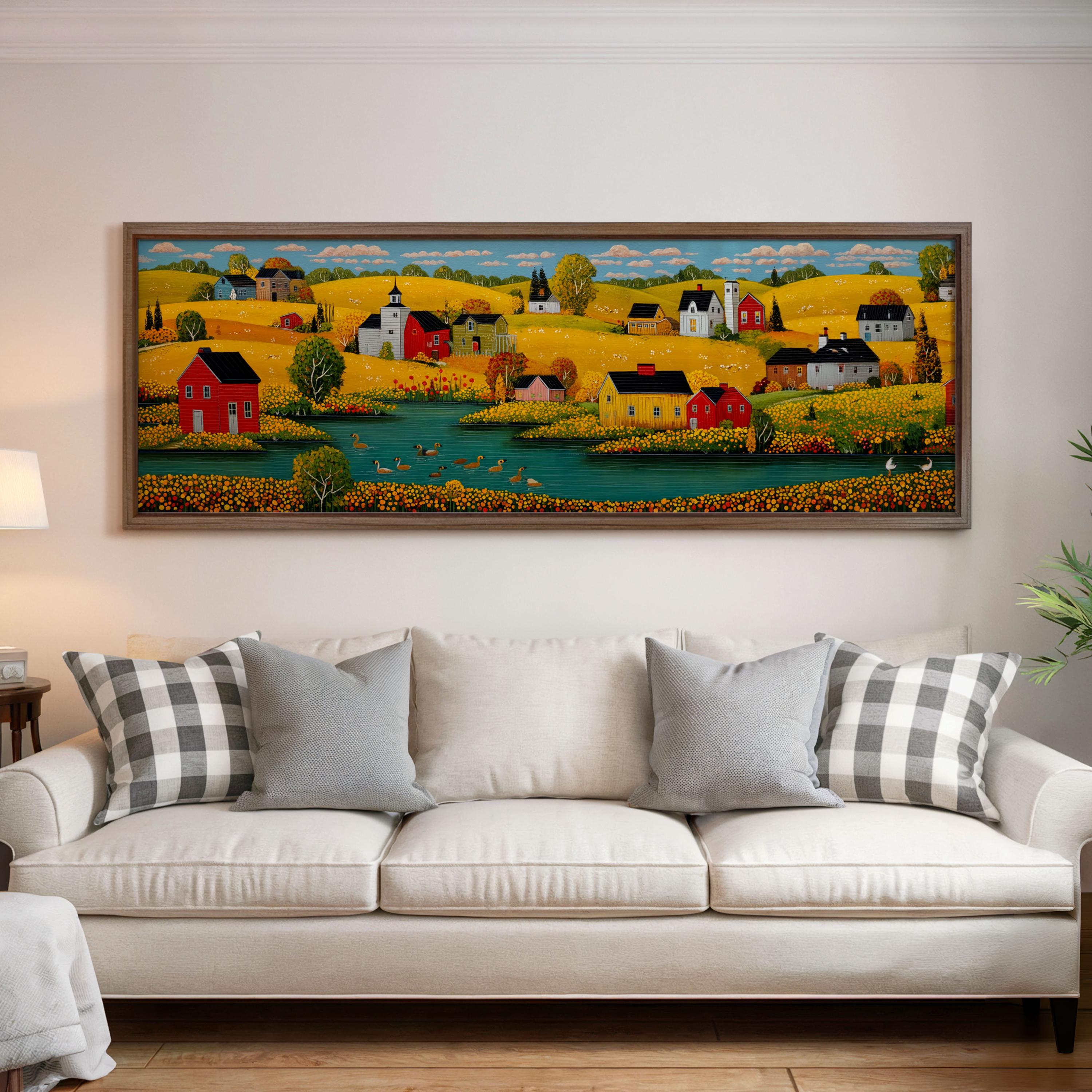 Rustic Farmhouse Art Print: Vintage Country Village, Barns & Lake