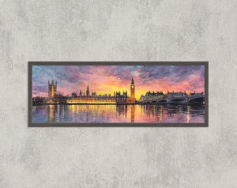 ロンドン ビッグベン 夕焼け 水彩画: ウェストミンスター橋のパノラマ