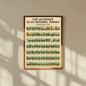 63 Poster con la lista dei parchi nazionali degli Stati Uniti / Mappa della lista dei desideri di viaggio negli Stati Uniti / Arte murale vintage per avventure / Decorazioni per campeggio in camper / Stampa regalo per escursionisti