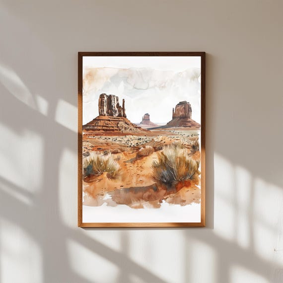 Dreamy Desert Rock Formation Painting – Monument Valley Landscape Wall Art – Boho Earth Tone Nature Print