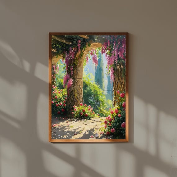 Romantic Spring Garden with Roses Art Print | Rose Garden Wall Art | Floral Oil Painting Style | Cottagecore Botanical Decor
