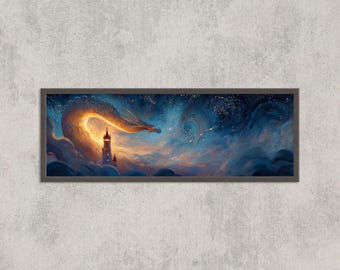 May include: A framed fantasy art print depicting a dragon soaring through a celestial sky. The artwork features a dragon with a golden body, a castle, and swirling blue and orange clouds. The print is in a dark gray frame.