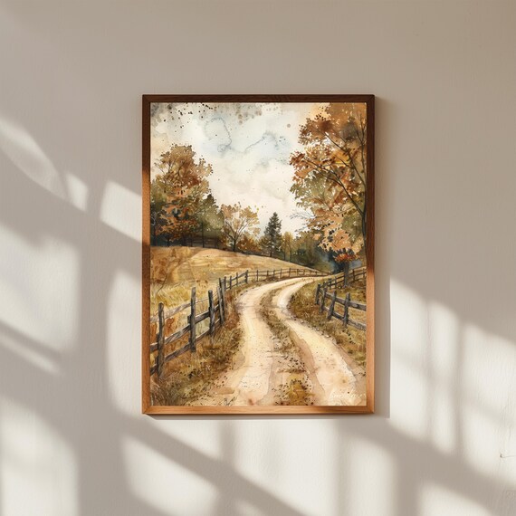 Rustic Country Road Painting – Winding Dirt Path with Trees & Fences – Farmhouse Landscape Wall Art for Home Decor