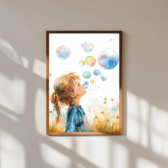 Whimsical Watercolor Bubbles Print, Child Blowing Bubbles Art, Nursery Wall Decor, Joyful Kids Room Illustration, Childhood Magic Scene