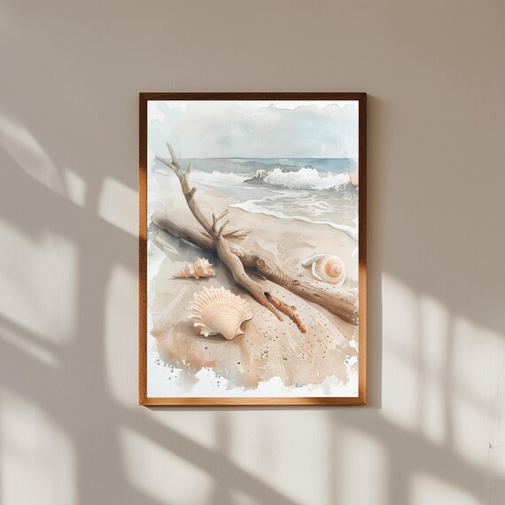 Driftwood & Seashells Beach Wall Art | Coastal Nature Painting | Sandy Shore Print | Ocean-Inspired Decor | Neutral Seaside Artwork