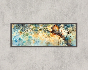 Spring Treehouse Watercolor Print, Whimsical Children Playing Art, Cozy Nursery Wall Decor
