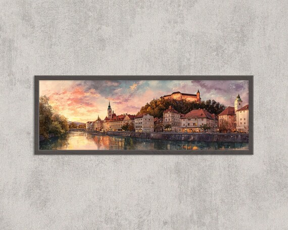 Ljubljana Slovenia Watercolor Print: Cityscape Panorama, Sunset Home Decor