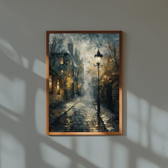 Dark Academia Fine Art Print – Rainy Cobblestone Street Painting – Moody Empty City Wall Art for Library or Study