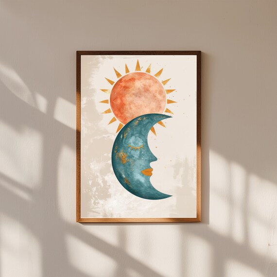 Sun and Moon Nursery Wall Art – Celestial Baby Room Print – Boho Sky Decor for Boys or Girls