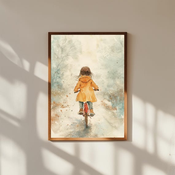 Whimsical Watercolor of Child’s First Bicycle Ride, Nursery Wall Art, Childhood Milestone Print, Bike Riding Kids Room Decor