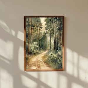 Camino sereno hacia una acogedora cabaña: arte mural de bosque apacible, póster de sendero natural, decoración rústica de cabaña, obra de arte con paisaje forestal