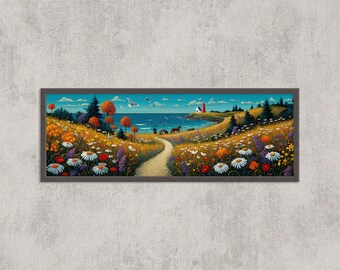 フォークアートの海岸版画：灯台、野花、海辺のコテージコア