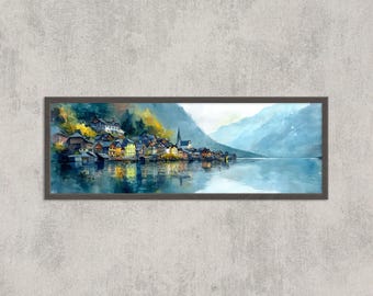 Arte mural de Hallstatt, Austria / Pintura panorámica de acuarela de un pueblo lacustre / Decoración de hogar para viajes europeos