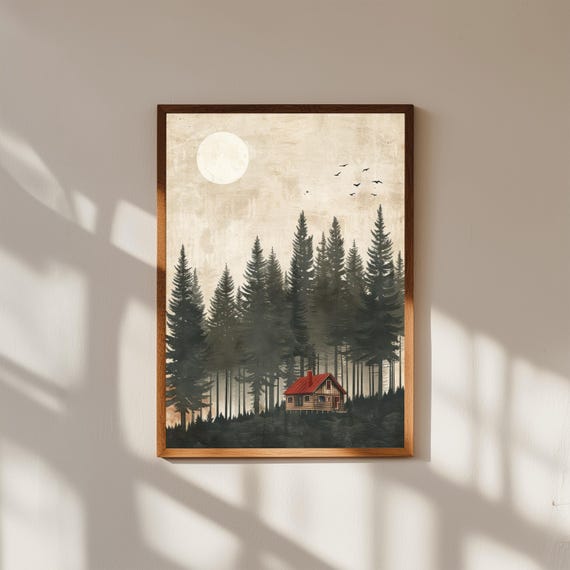 Minimalist Forest Scene with Cabin – Simple Pine Tree Wall Art, Modern Nature Print, Scandinavian Woodland Poster, Rustic Cabin Decor