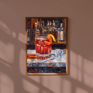 Negroni Cocktail Oil Painting – Red Drink in Lowball Glass with Orange Twist – Bar Cart Wall Art for Kitchen or Lounge