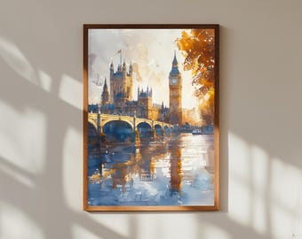 Watercolor Painting of the Palace of Westminster London | Big Ben & Parliament Wall Art Print | British Landmark Poster