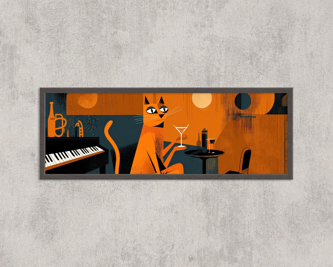 Retro Jazz Cat Martini Art Print: Mid-century Modern Lounge Decor