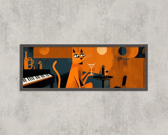 Retro Jazz Cat Martini Art Print: Mid-century Modern Lounge Decor