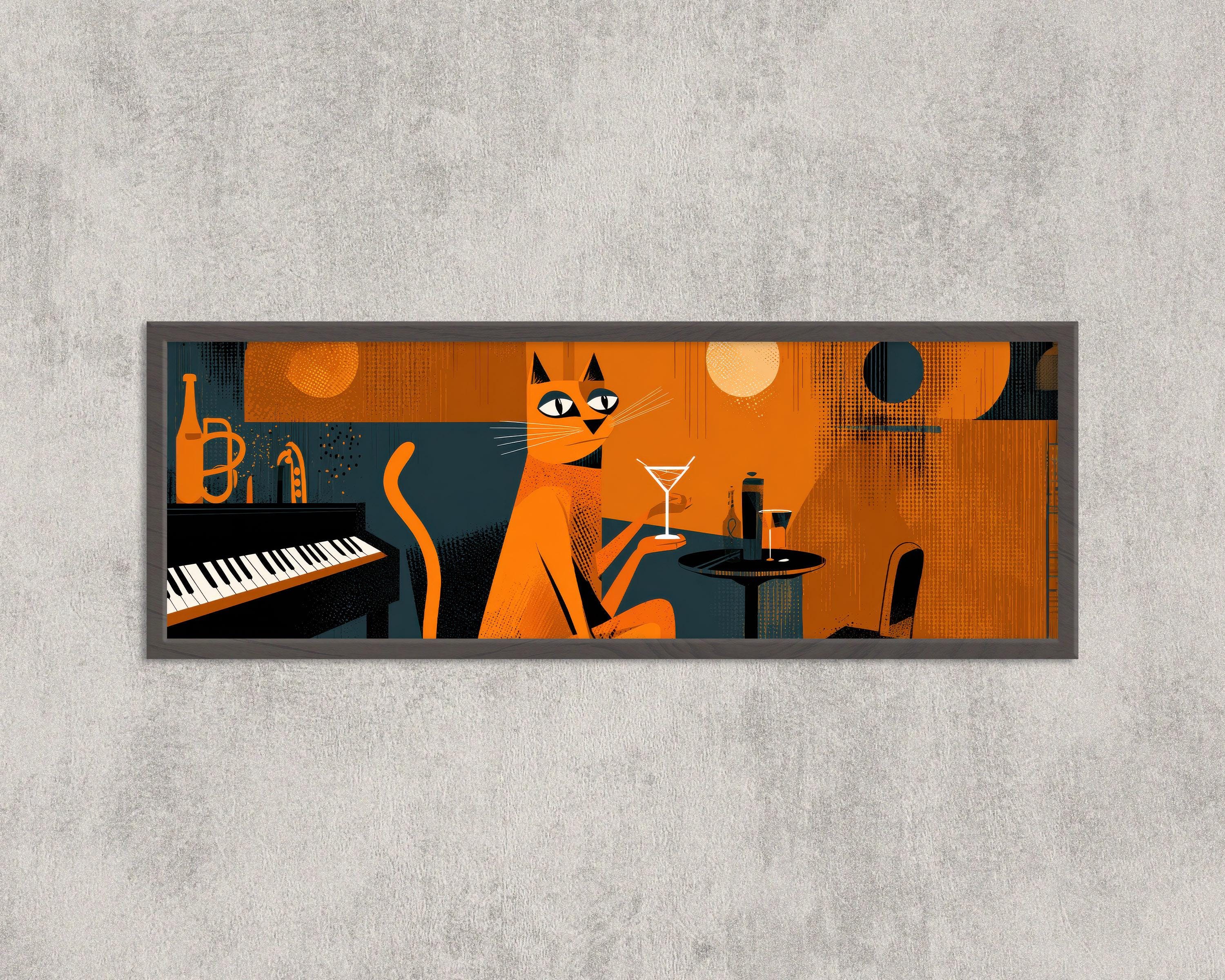 Retro Jazz Cat Martini Art Print: Mid-century Modern Lounge Decor