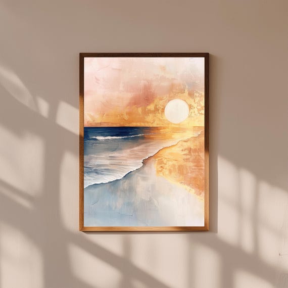 Coastal Sunset Beach Painting – Ocean Sunset Wall Art Print, Golden Hour Seascape, Beach House Decor, Serene Coastal Landscape