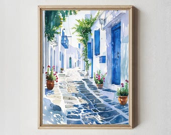 Santorini Aquarell Druck: Insel Küstenwandkunst