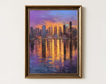 Manhattan Sunset Oil Painting | Framed NYC Skyline Reflection Print
