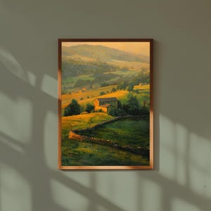 Neblige europäische Hügel Ölgemälde - Morgennebel Landschaftsdruck - Sanfte ländliche Kunst Poster - Gelassene Natur Wanddekoration