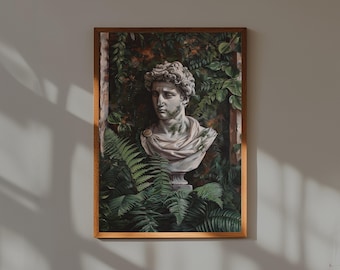 Dark Academia Print: Marble Bust with Ferns, Botanical Wall Art