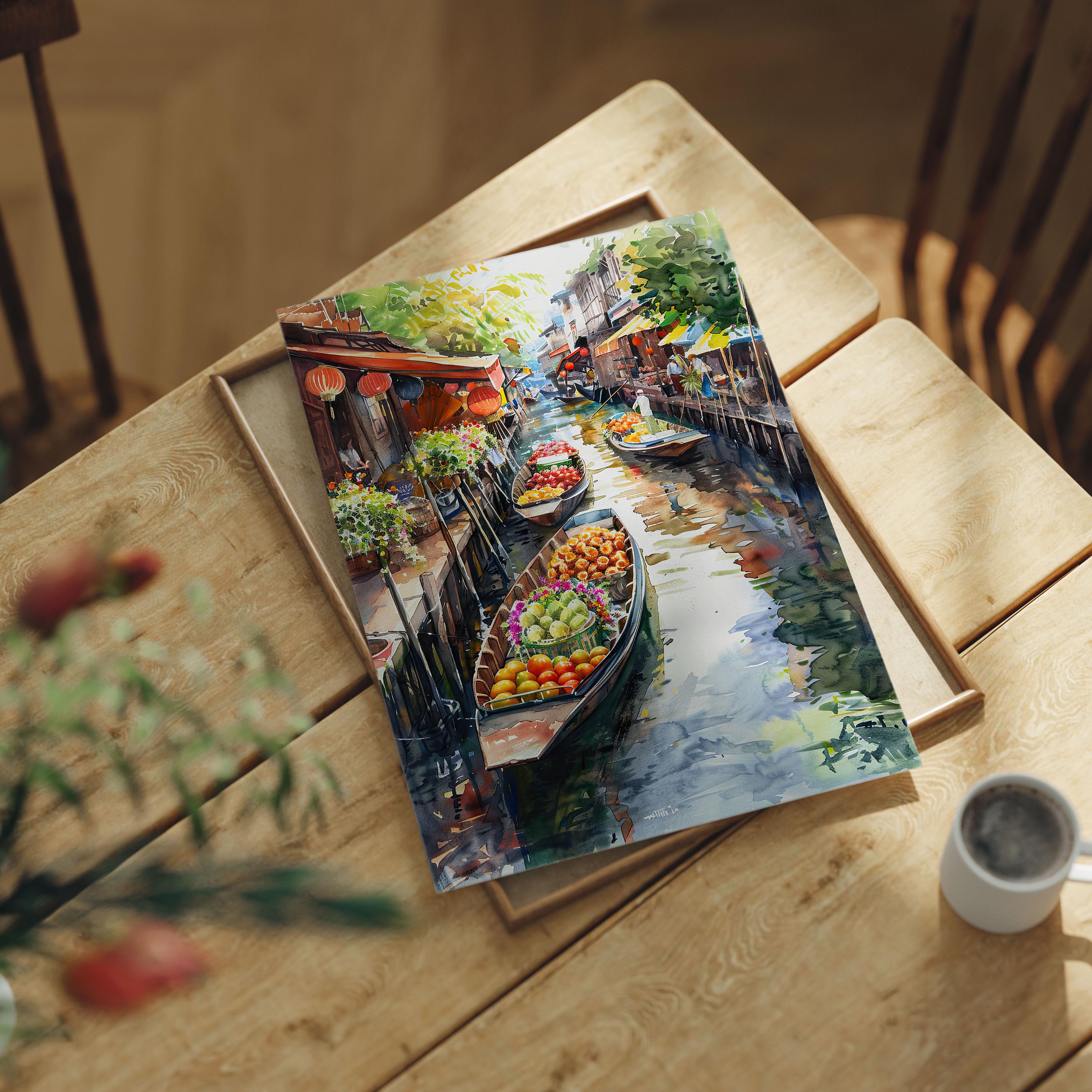 H. Yuasa 水彩画 東南アジア水上マーケットの風景 Thailand Floating Market Print: Watercolor Asian Canal Scene