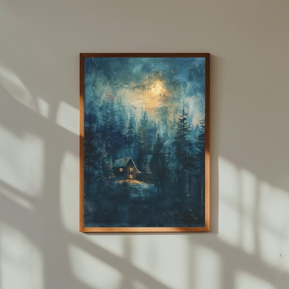 Cabin Under Starry Night – Forest Poster Art, Enchanted Wilderness Wall Print, Rustic Cabin Nightscape Decor