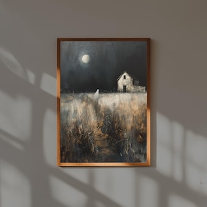 Geisterfigur im mondbeschienenen Kornfeld – Spukhaus Farmhaus Kunstdruck, Gothic Halloween Wandkunst, Gruselige Herbstlandschaft Gruseliges Poster