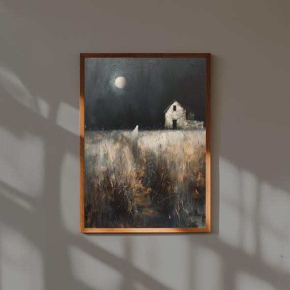 Ghostly Figure in Moonlit Cornfield – Haunted Farmhouse Art Print, Gothic Halloween Wall Art, Eerie Fall Landscape Spooky Poster