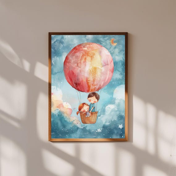 Whimsical Watercolor Hot Air Balloon Print, Children Flying Art, Nursery Wall Decor, Adventure Kids Room Art, Dreamy Sky Illustration