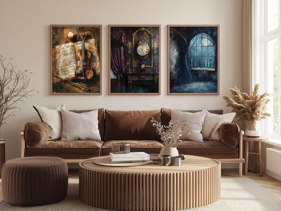 Dark Academia Wall Art Set of 3 – Vintage Violin, Antique Clock & Gothic Window Prints, Moody Classical Aesthetic Decor