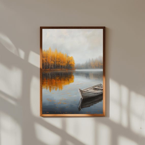 Autumn Lake Oil Painting – Golden Trees Reflection with Empty Rowboat – Tranquil Fine Art Print for Cozy Home Decor