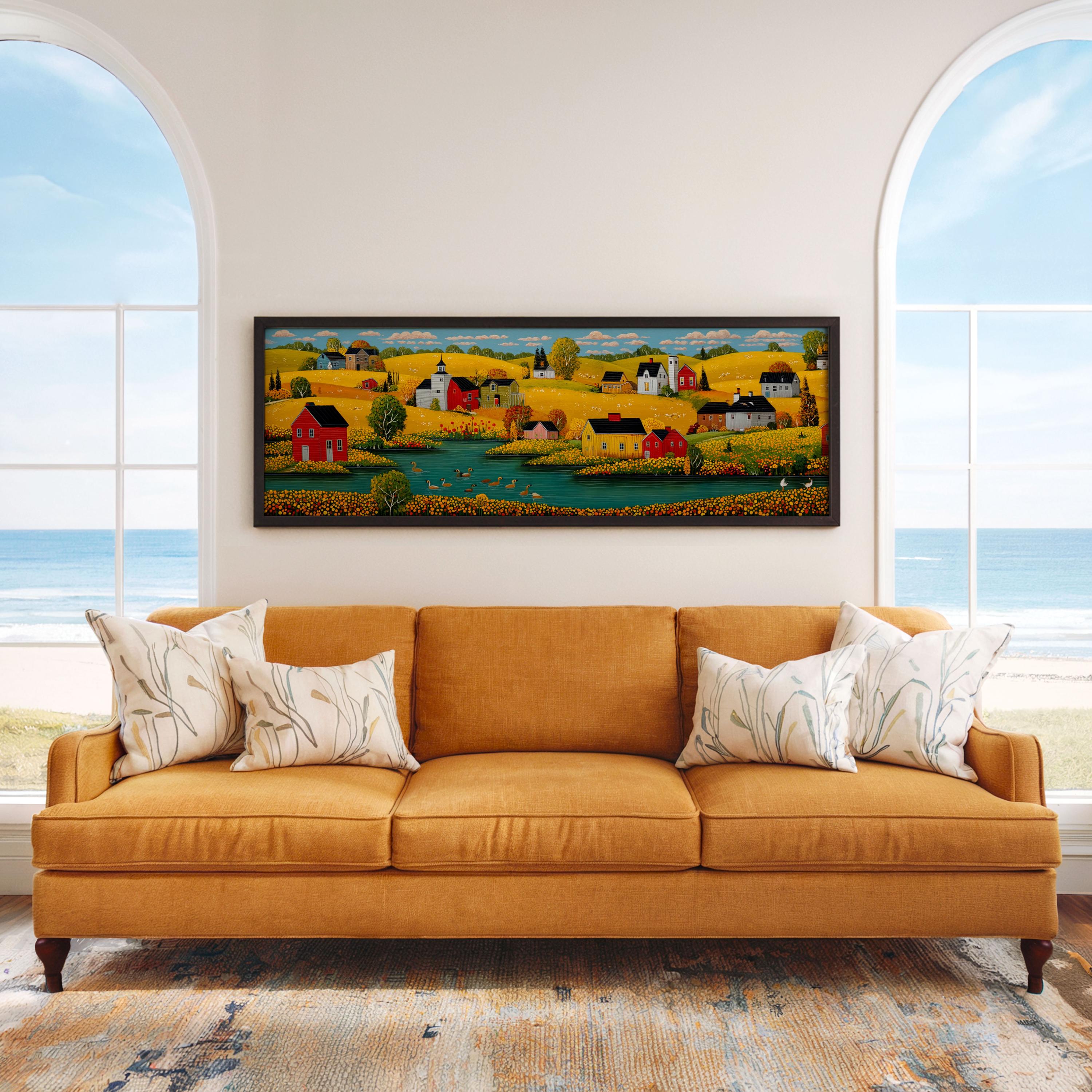 Rustic Farmhouse Art Print: Vintage Country Village, Barns & Lake