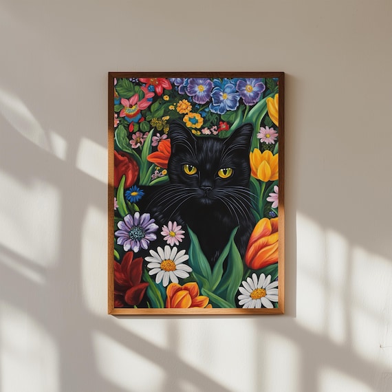 Black Cat with Colorful Flowers Wall Art Print – Boho Floral Cat Poster – Whimsical Pet Decor – Cat Lover Gift – Premium Art Print