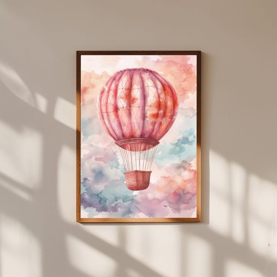 Hot Air Balloon Watercolor Print | Whimsical Nursery Wall Art | Soft Pastel Sky Illustration | Dreamy Baby Room Decor | Boho Cloud Poster