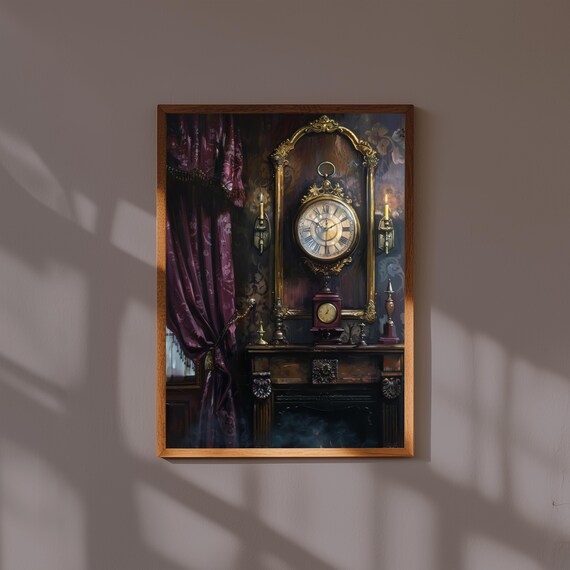 Dark Academia Fine Art Print – Antique Clock on Mantel with Velvet Drapes – Moody Vintage Wall Decor for Study or Library