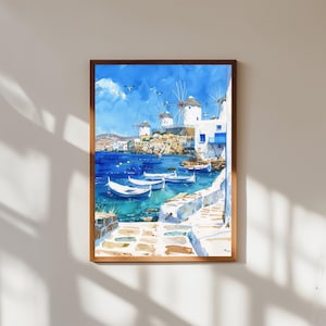 Mykonos Greece Watercolor Wall Art Print, Greek Island Harbor Painting, Mediterranean Coastal Poster, Seaside Village Wall Decor