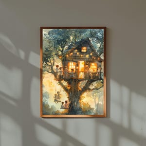Whimsical Treehouse Watercolor Print, Children Playing in Tree House Art, Nursery Wall Decor, Childhood Adventure Illustration