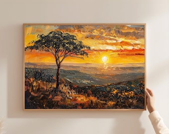 African Savanna Sunset Canvas Art: Acacia Tree Oil Painting Style