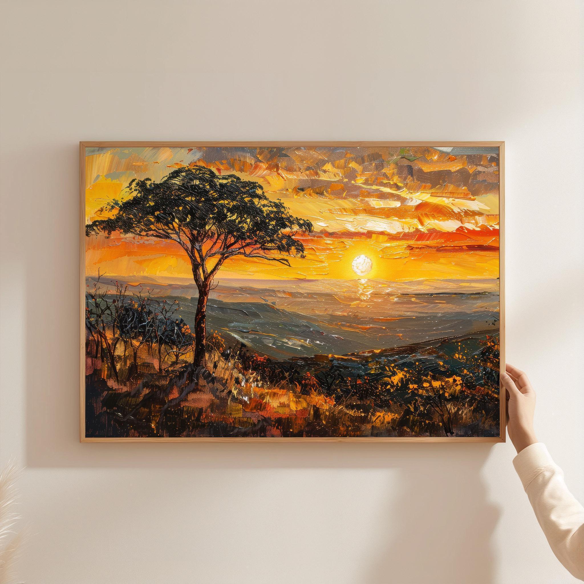 African Savanna Sunset Canvas Art: Acacia Tree Oil Painting Style