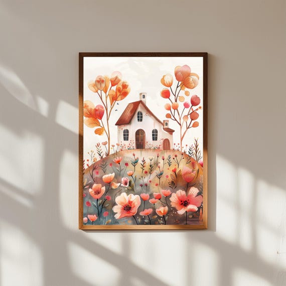 Tiny House Watercolor Print | Whimsical Cottage Wall Art | Pastel Flowers & Trees Illustration | Soft Nature Decor | Dreamy Home Poster